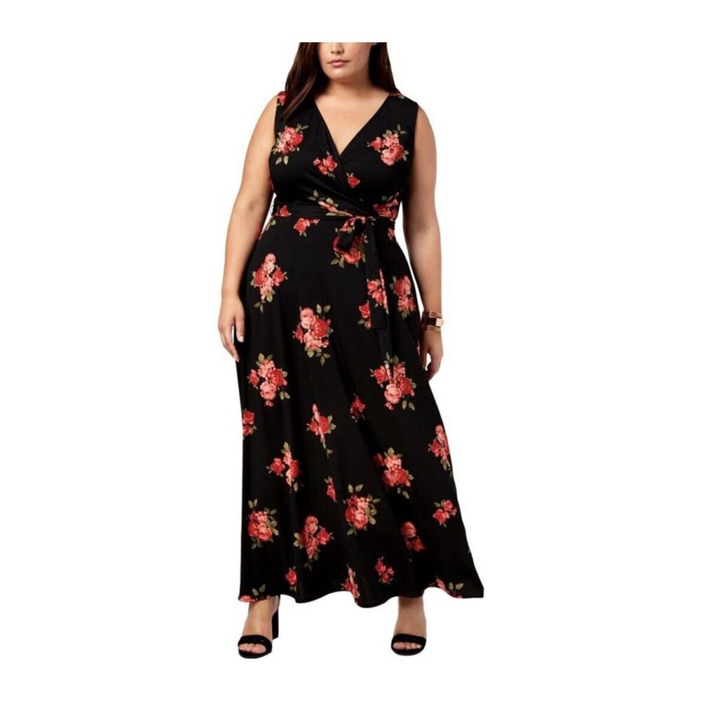 Rose Floral Maxi Sundress Love Squared Womens Plus Size 2X Black Wrap Top NWT